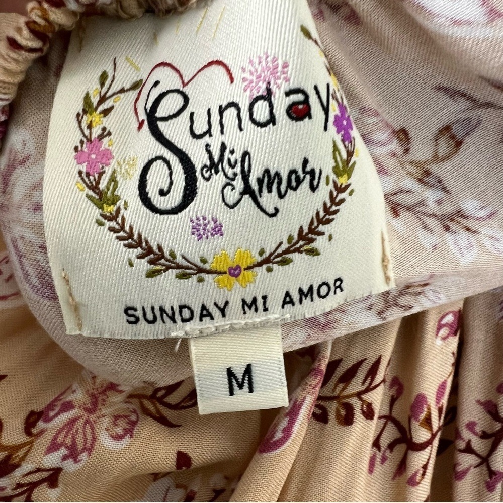 Sunday Mi Amor Halter Floral Mini Dress Tan Boho Crochet Open Back Size M - Picture 5 of 6